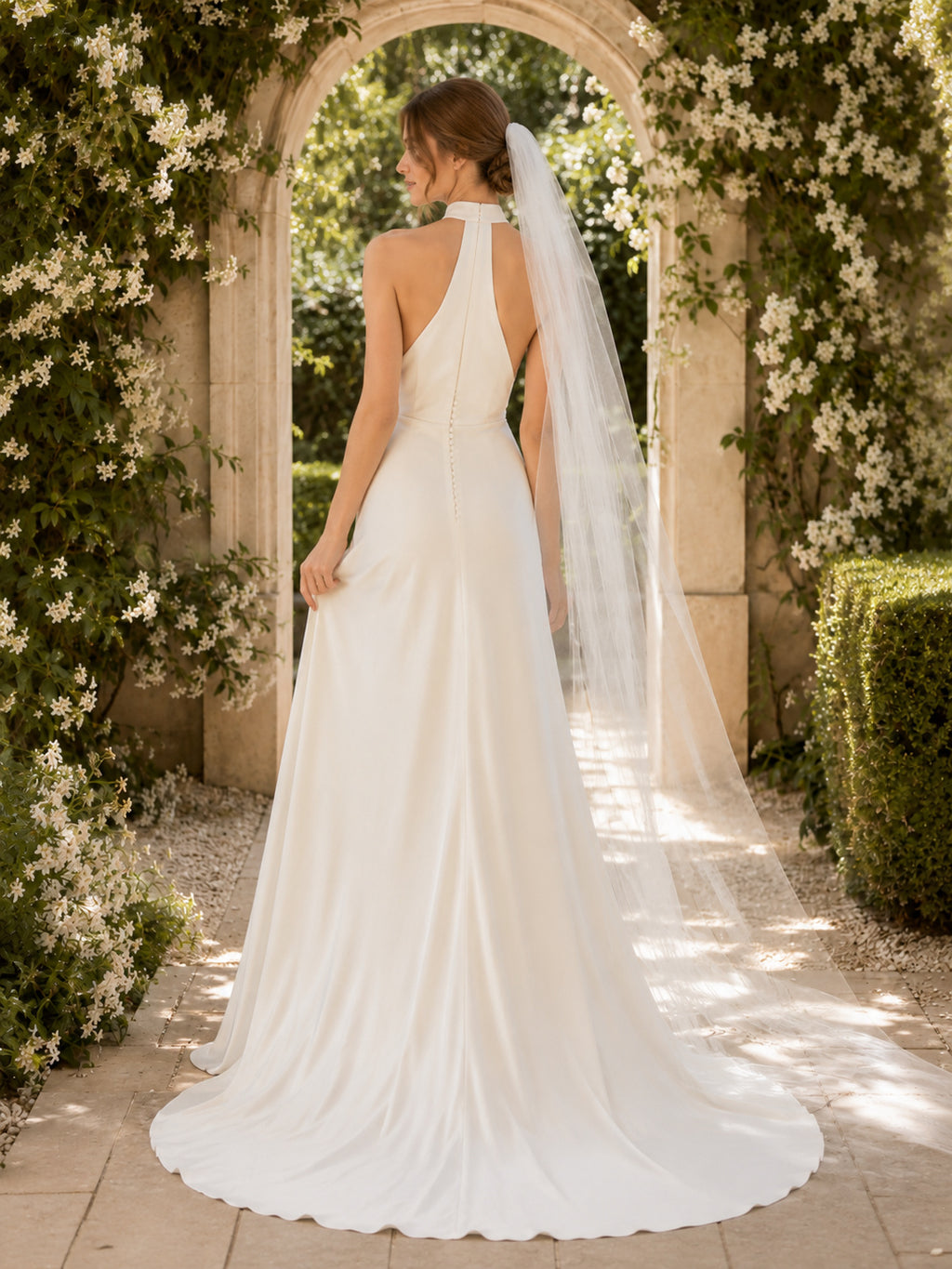 Minimalist Halter Open Back Satin A-Line Garden Wedding Dress back view