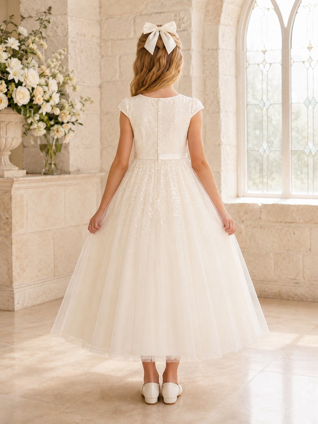 White Sequin Tulle Jewel Neck Short Cap Sleeve Sequin Accent Ankle Length Communion Flowergirl Dress back view