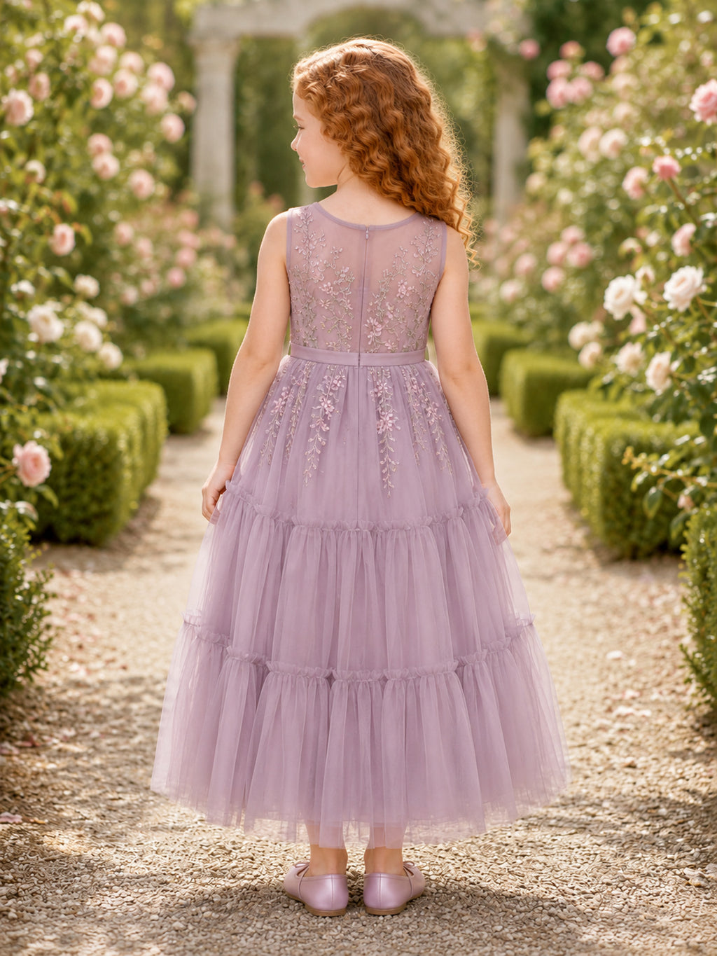 Flower Girl Dress Mauve Tulle A-Line Sleeveless Jewel Neck Tea Length Floral Applique Tiered Skirt back view