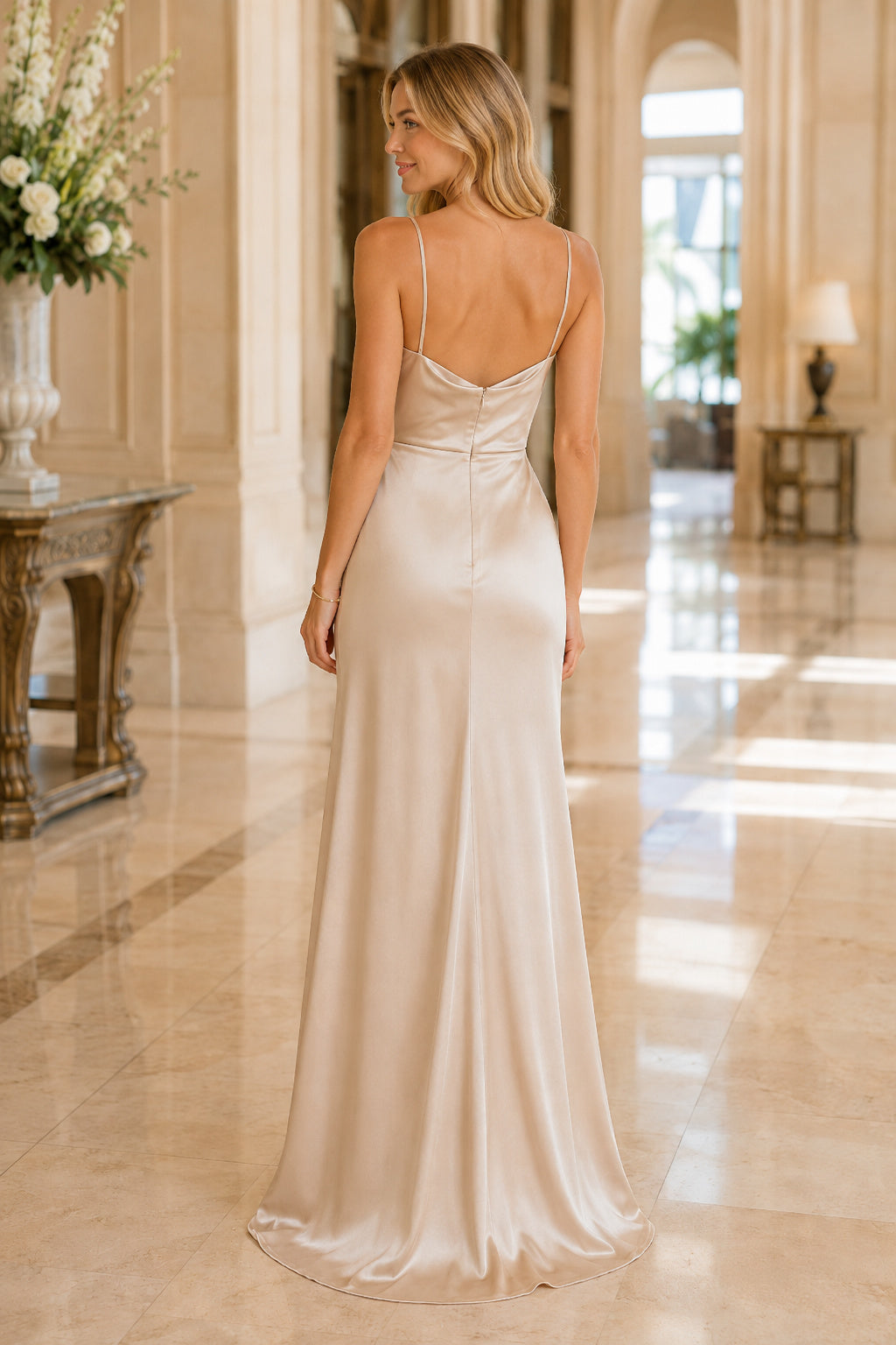 Champagne Wedding Guest Sheath Dress Style MG_301579 back view