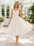 Vintage Tulle Wedding Dress A-Line Sweetheart Sleeveless Tea Length Bridal Gown front view
