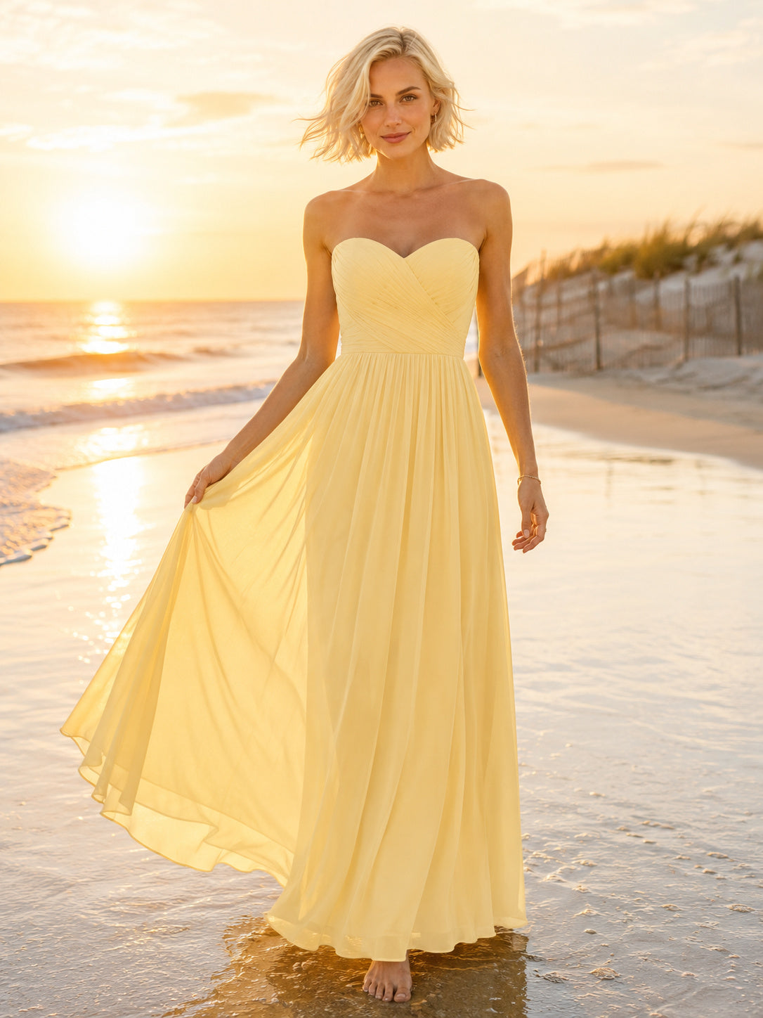 Soft Yellow Strapless Chiffon Flowing Beach Evening Gown front view