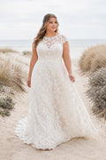 Plus Size Ivory High Neck Cap Sleeve Lace Tulle A-Line Wedding Dress with High Lace Bodice and Sweep Train front view