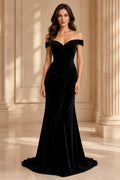 Black Off-the-Shoulder Velvet Mermaid Evening Dress with Sweetheart Neck and Sweep Train front view