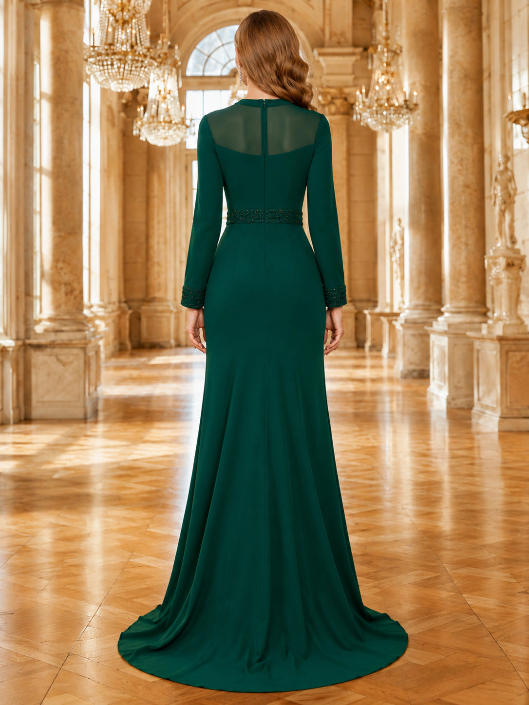 Emerald Long Sleeve Sheath Modest Gala Evening Gown back view