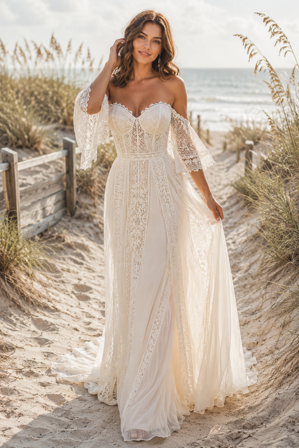 Ivory Off Shoulder Lace Half Sleeve A-Line Wedding Dress Split Train for Bridal Ceremony and Reception front view