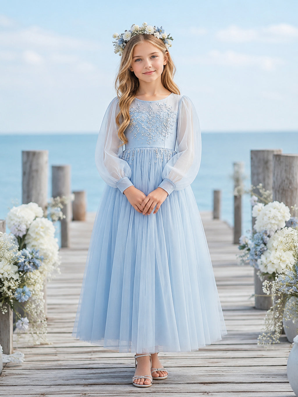 A-Line Sky Blue Tulle Flower Girl Dress with Long Sleeve Jewel Neckline Tea-length and Delicate Floral Detail front view