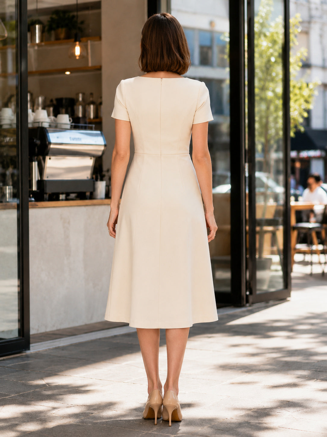 Cream short sleeve square neck A-line midi work dress back view