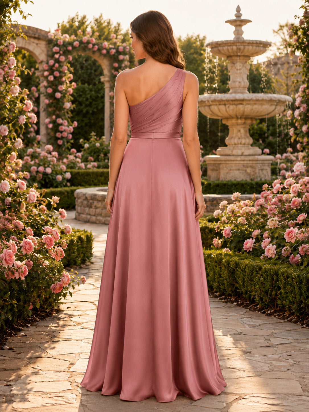 Dusty Rose Spring Garden A-Line Satin Bridesmaid Dress with Sleeveless One-Shoulder Bodice, Ruched Floor-Length Skirt and Low