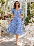 Blue Floral V Neck Short Sleeve Wrap Brunch Dress front view