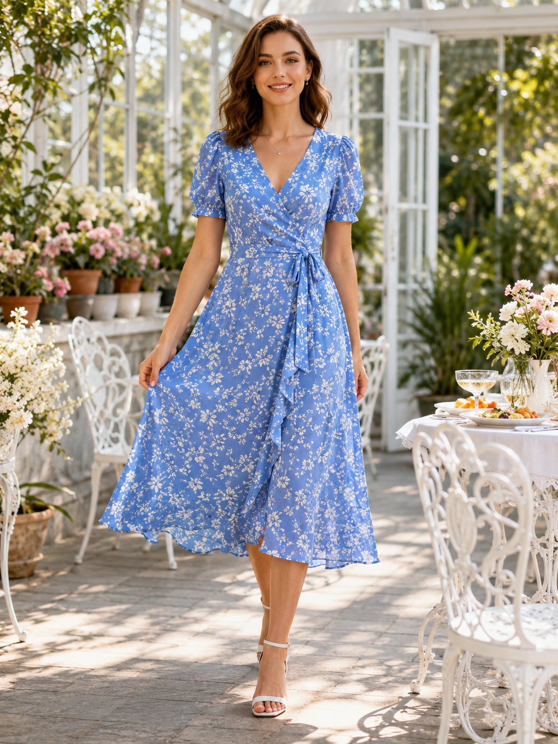 Blue Floral V Neck Short Sleeve Wrap Brunch Dress front view