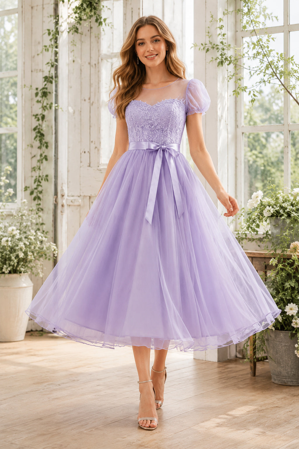 Lavender Square Neck Puff Sleeve Tea-Length Dress with Sash Bow front view