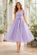 Lavender Square Neck Puff Sleeve Tea-Length Dress with Sash Bow front view