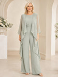 Celadon Mother Jumpsuit with Jewel Neck Asymmetrical Ruffle Cape and Wide Leg Pants front view