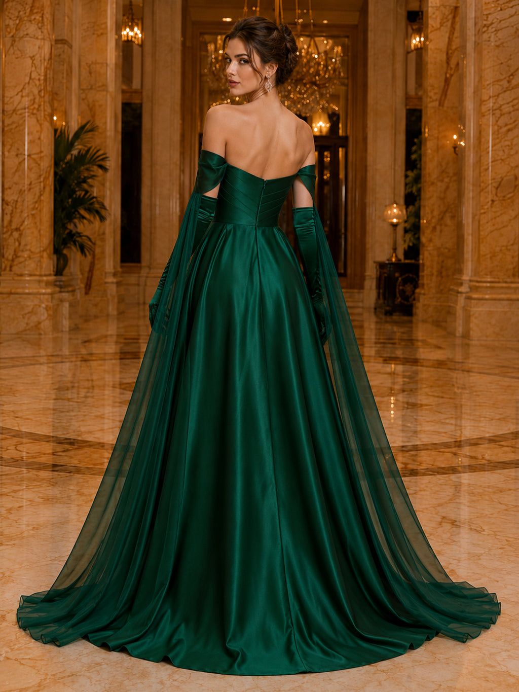 Dark Green Off Shoulder Sweetheart Draped Satin Ball Gown Sweep Train Cape Evening Dress back view