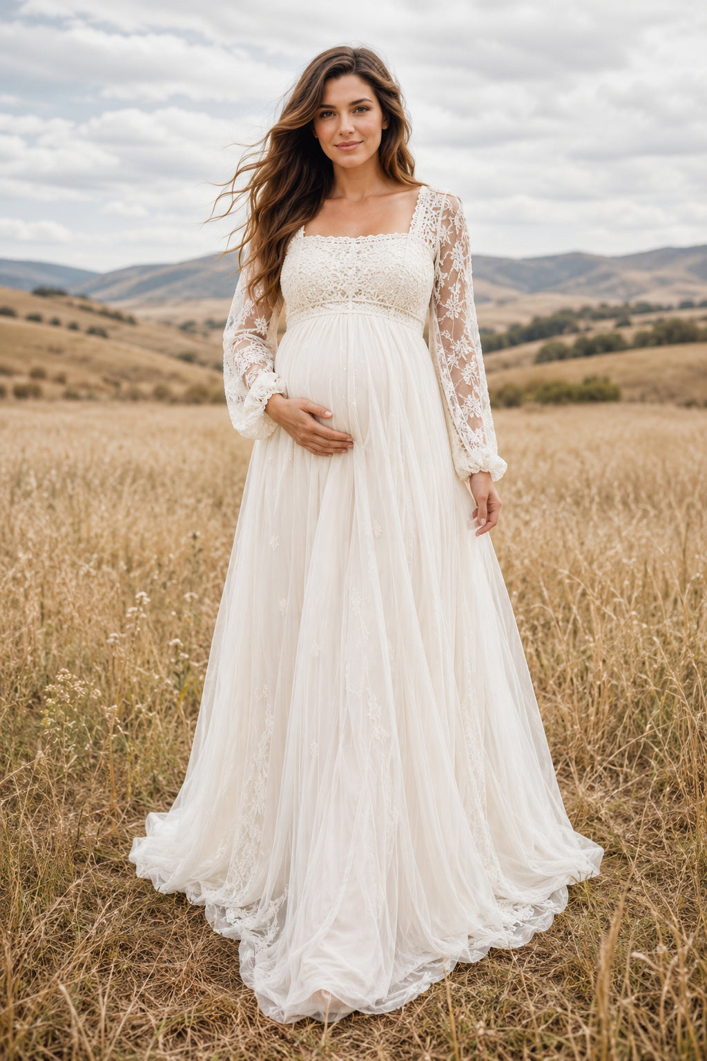 Ivory Maternity Square Neck Long Sleeve Chiffon A-Line Wedding Dress with Lace Bodice front view