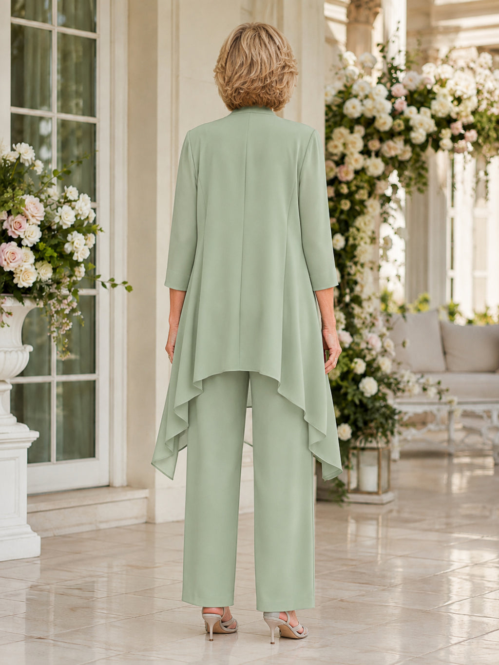 Sage Long Waterfall Simple Mother of the Bride Pantsuit with Scoop Neck Three-Quarter Chiffon Jacket Pointed Hem and Straight