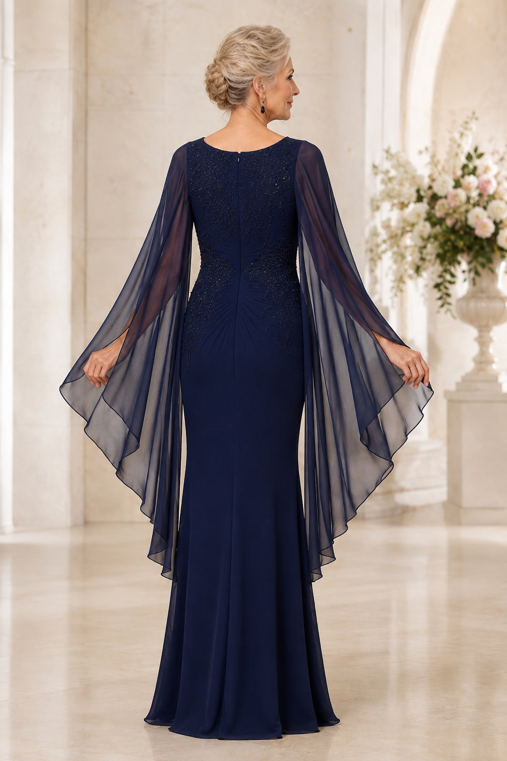 Dark Navy Scoop Neck Sheath Mother Dress with Beaded Bodice and Cape Sleeves back view