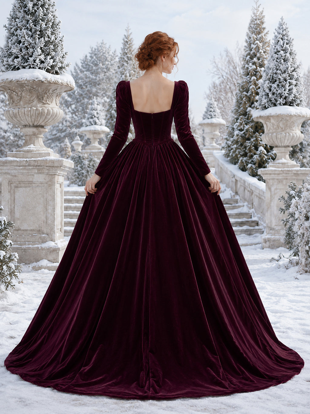 Plum Sweetheart Puff Sleeve Velvet Ball Gown Court Train Wedding Dress back view
