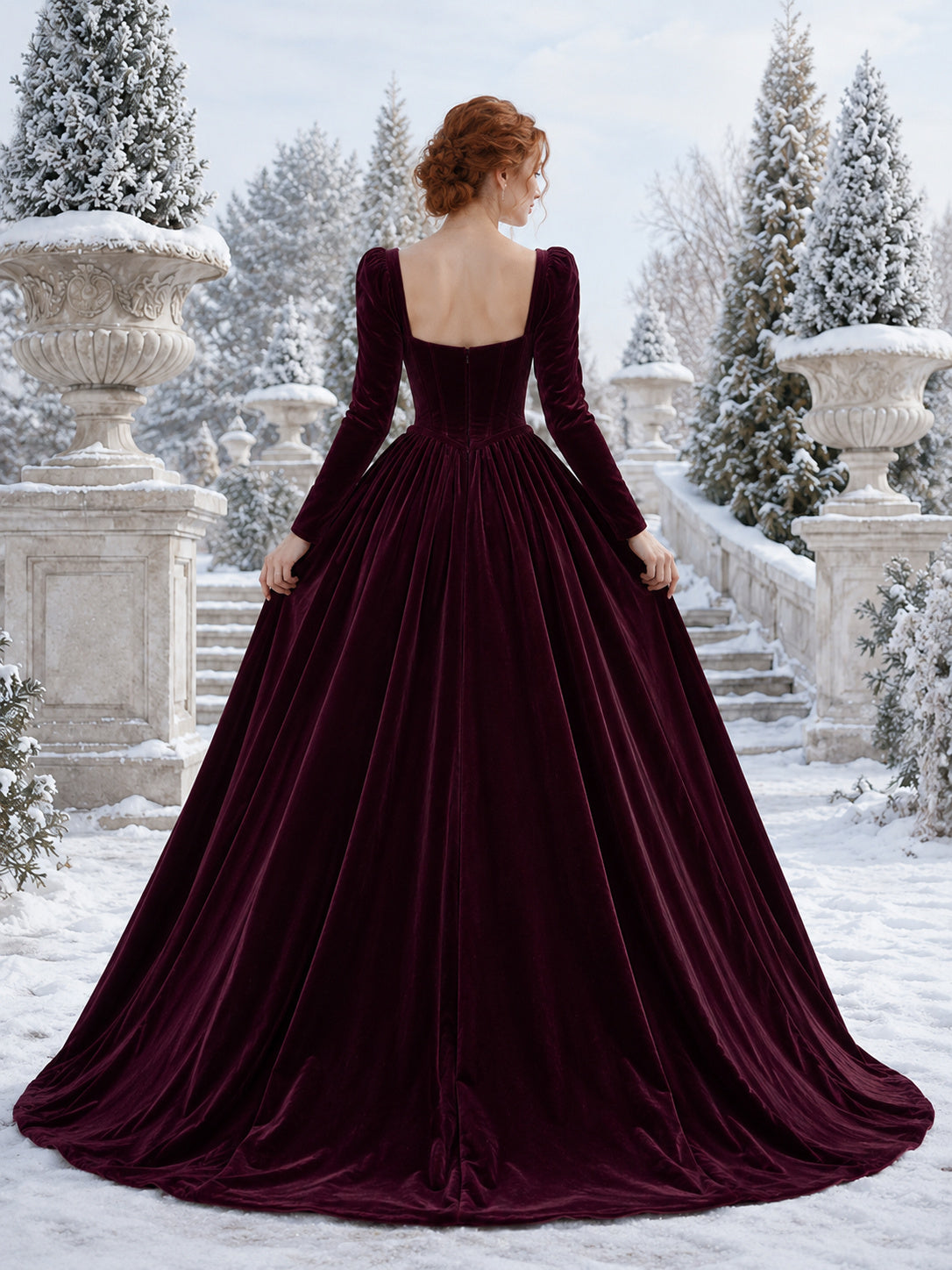 Plum Sweetheart Puff Sleeve Velvet Ball Gown Court Train Wedding Dress back view