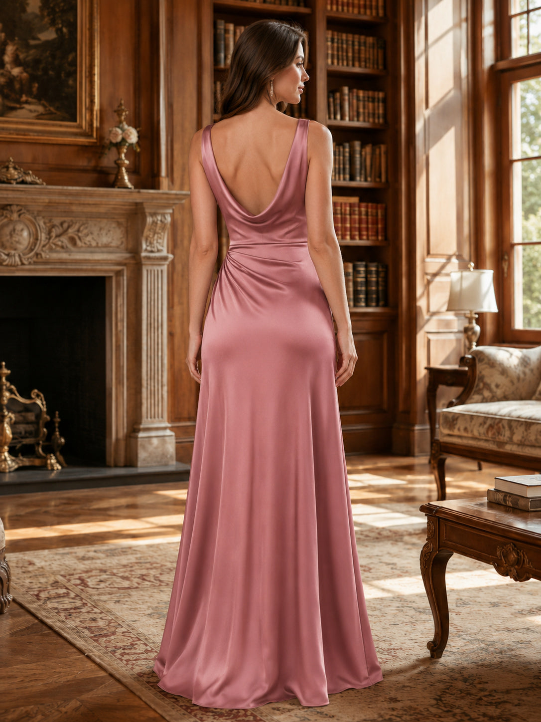 Mansion Formal Dusty Rose Simple Elegant Sexy Sheath Satin Bridesmaid Dress with Cowl Neck Spaghetti Straps Sleeveless Floor-