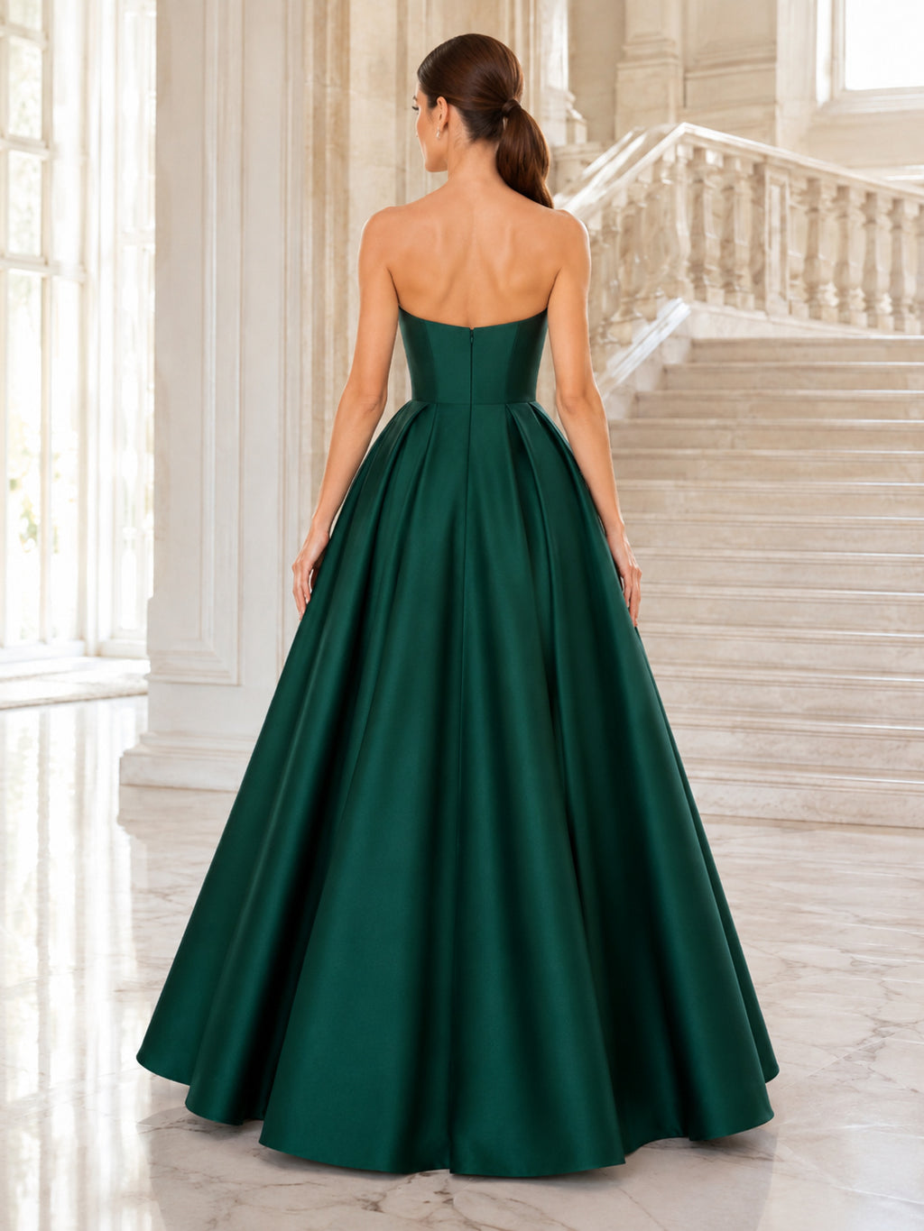 Emerald Strapless Satin Ball Gown Formal Dress back view