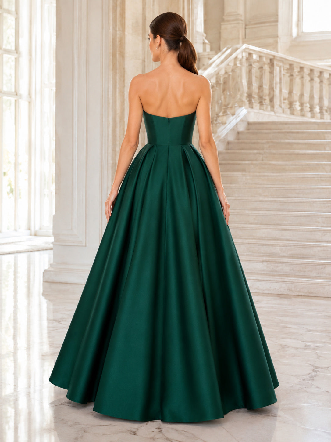 Emerald Strapless Satin Ball Gown Formal Dress back view