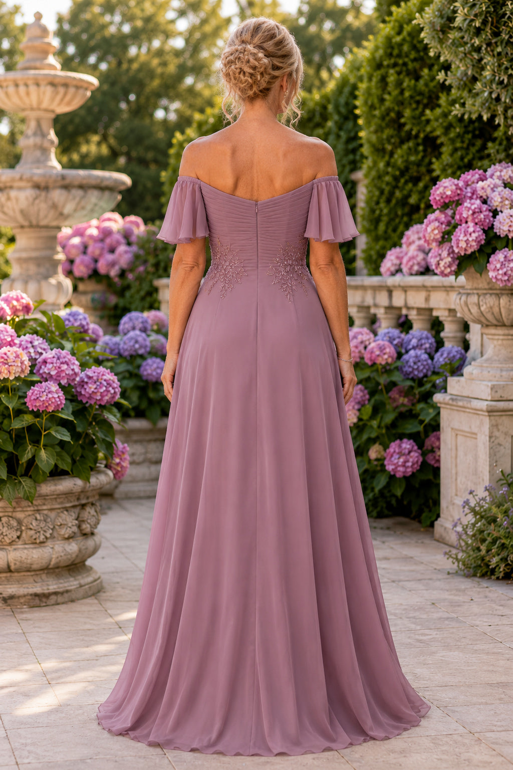 Vintage Mauve Off the Shoulder A-Line Mother Dress with Beaded Waist for Evening Reception back view