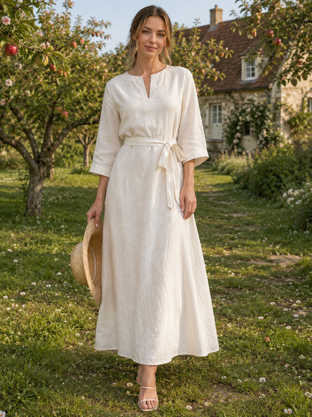 Loose Shirt Collar Linen Countryside Midi Bridal Dress front view