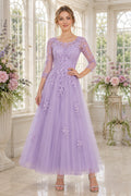 Lavender Long Sleeve Illusion Lace Dress with Tulle Skirt Tea Length A-Line Mother Dress front view