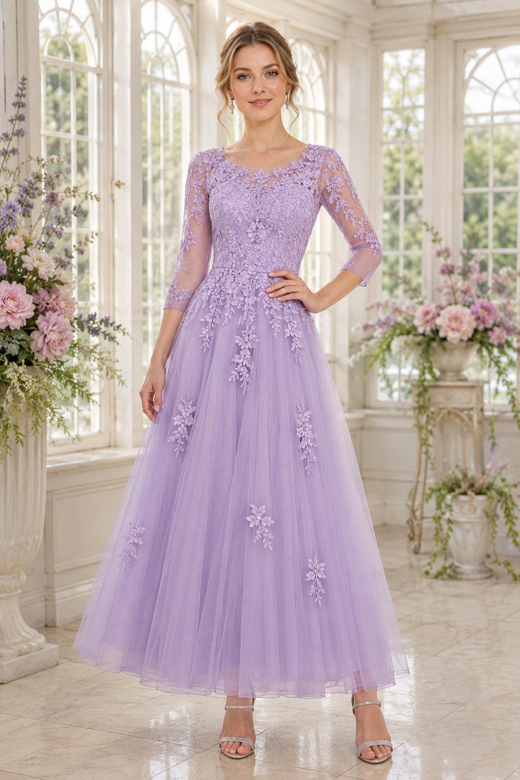 Lavender Long Sleeve Illusion Lace Dress with Tulle Skirt Tea Length A-Line Mother Dress front view
