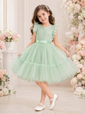Mint Green Layered Tulle A-Line Flower Girl Party Dress with Petal Sleeves Ruffles and Bow front view