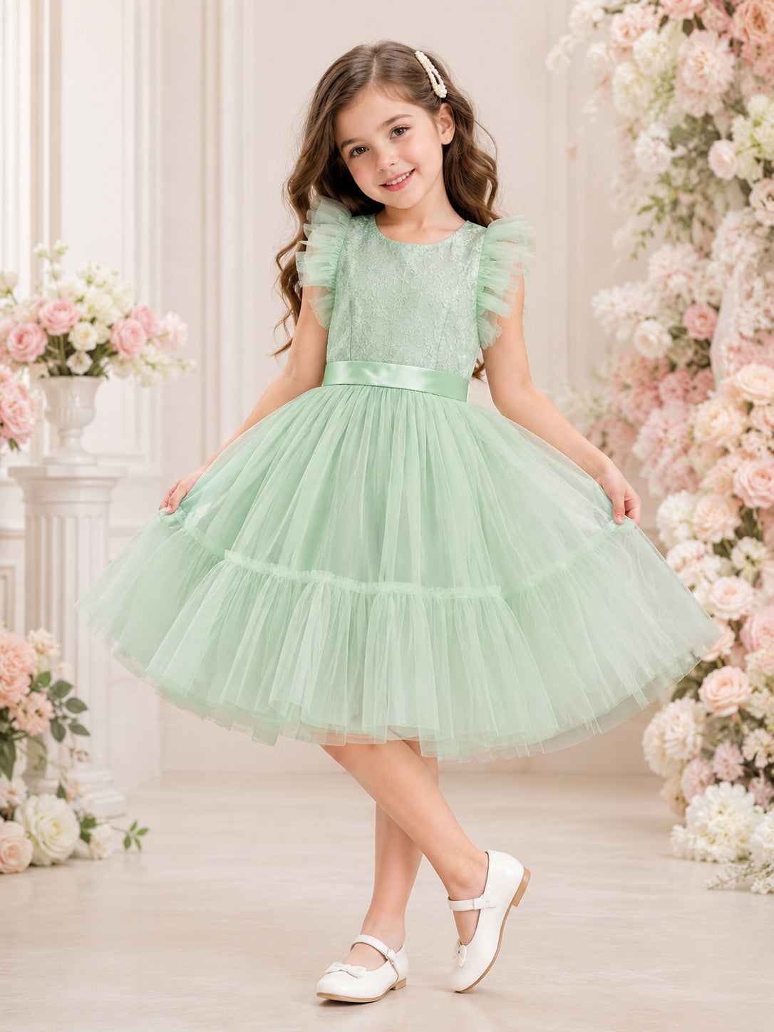 Mint Green Layered Tulle A-Line Flower Girl Party Dress with Petal Sleeves Ruffles and Bow front view