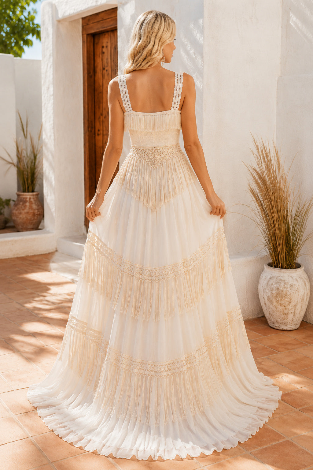 Champagne Tiered Fringe A-Line Wedding Dress with Square Neck and Spaghetti Straps back view