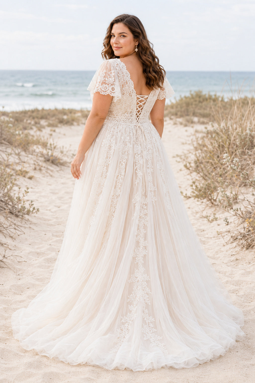 Plus Size Ivory V-Neck Cap Sleeve Lace Tulle A-Line Wedding Dress with Cap Sleeves and Lace Chapel Train back view