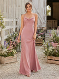 Pearl Pink Satin Sheath Cowl Neck Spaghetti Strap Draped Low Back Floor-Length Bridesmaid Dress Style 109127 front view