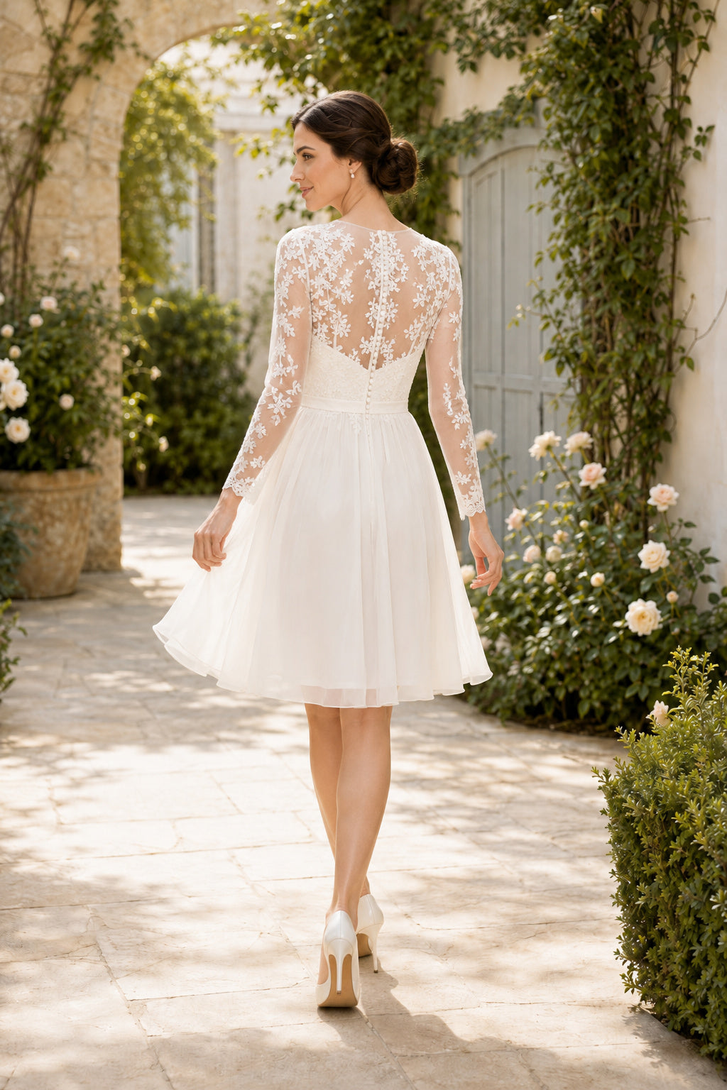 Cap Sleeve Lace Tea-Length Wedding Dress with Illusion Back back view