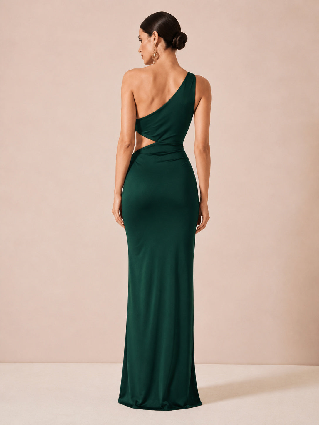Emerald one shoulder cutout ruched floor length gown back view