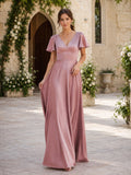 Chapel Ceremony Formal Dusty Rose Simple Elegant Sheath Chiffon Bridesmaid Dress with V-Neck Short Sleeve Floor-Length Draped