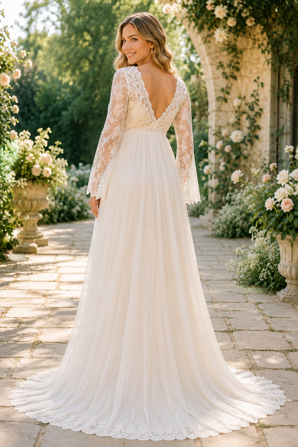 Ivory Long Sleeve Lace Maternity A-Line Wedding Dress with V-Neck back view