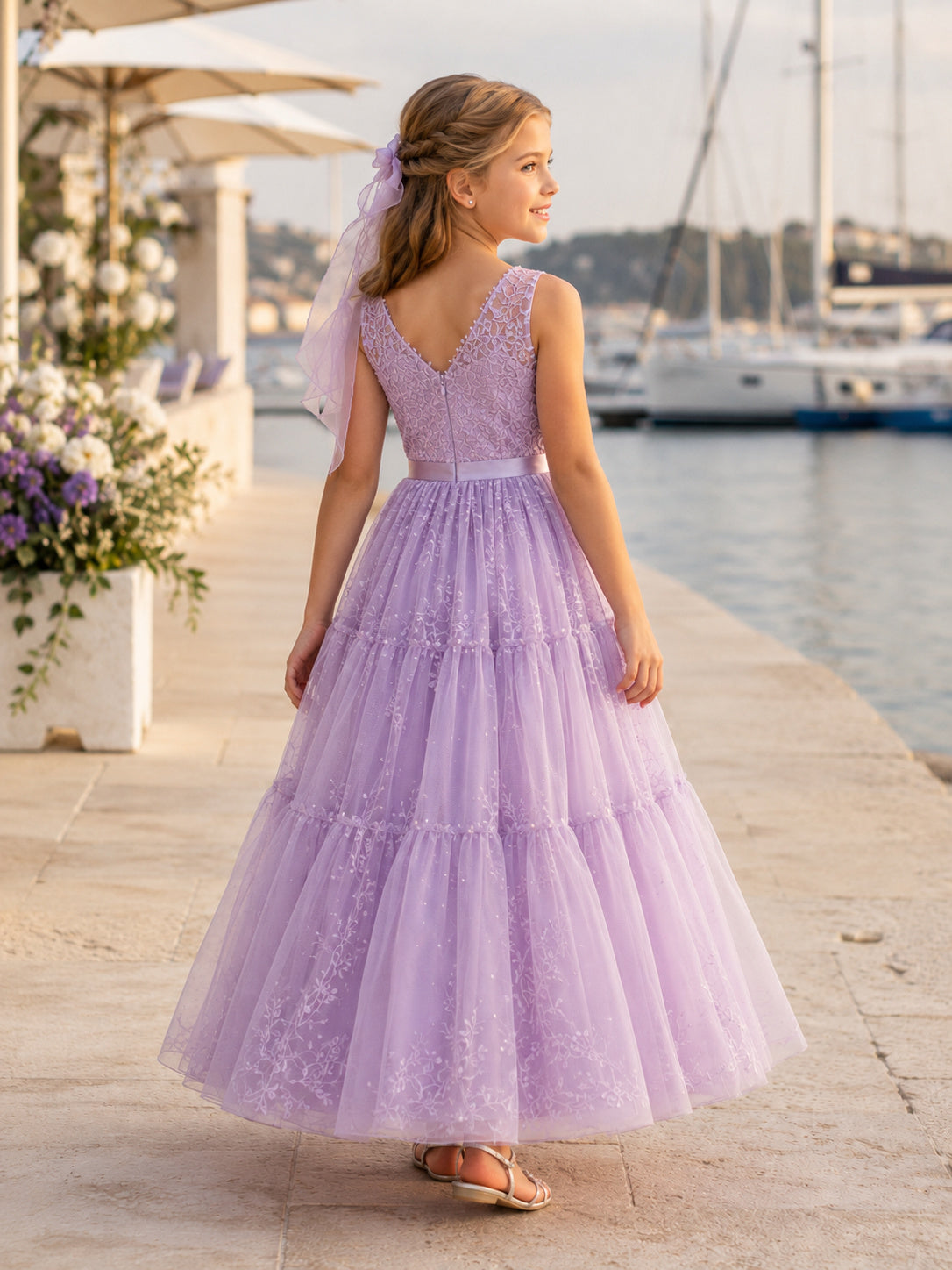 Romantic A-Line Flower Girl Dress with Square Neck Tiered Lavender Tulle Full Length Reception back view