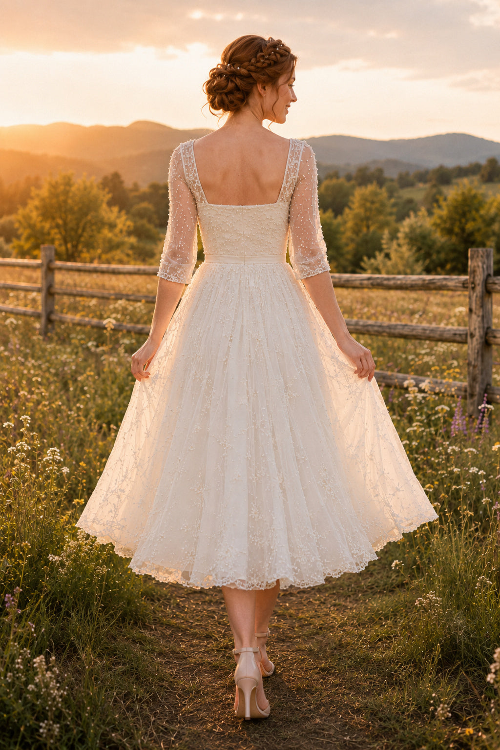 Ivory Square Neck Three-Quarter Sleeve Lace Tulle Tea-Length Wedding Dress with Lace Sleeves and Full Midi Skirt back view