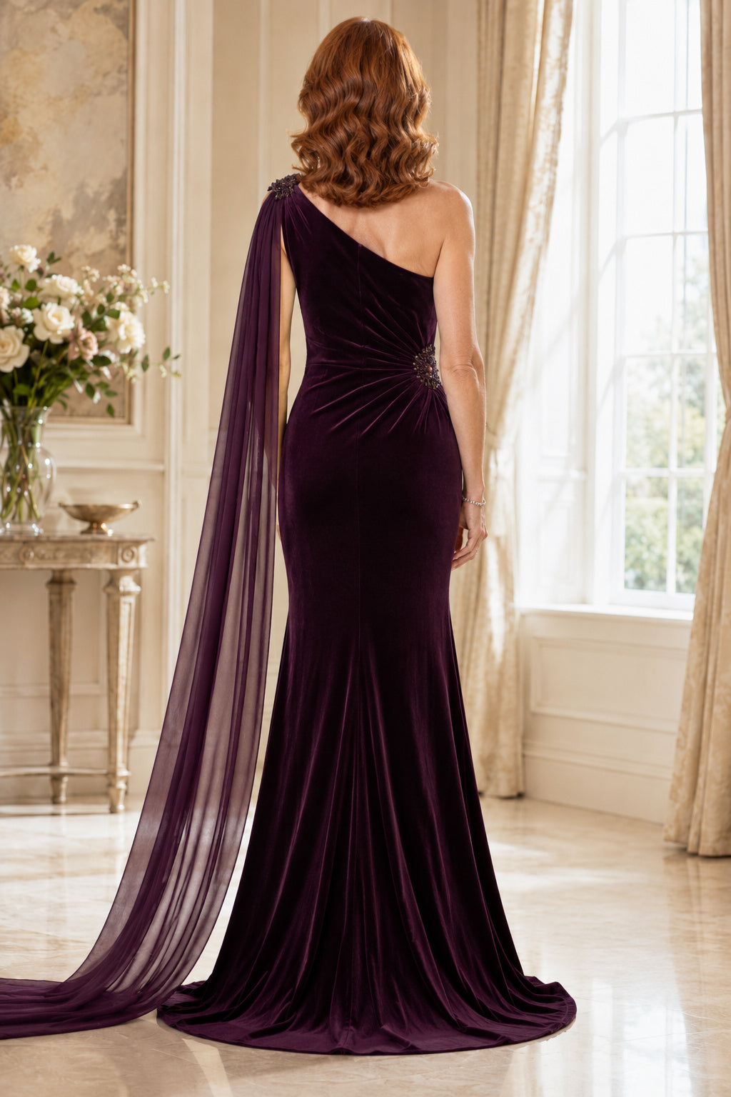 Plum One-Shoulder Velvet Mermaid Mother Dress with Long Chiffon Cape back view
