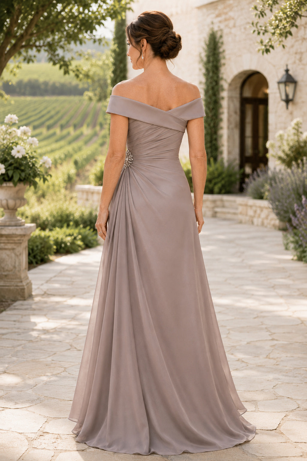 Taupe Off the Shoulder A-Line Mother Dress with Side Draping and Chiffon Skirt for Evening Reception back view