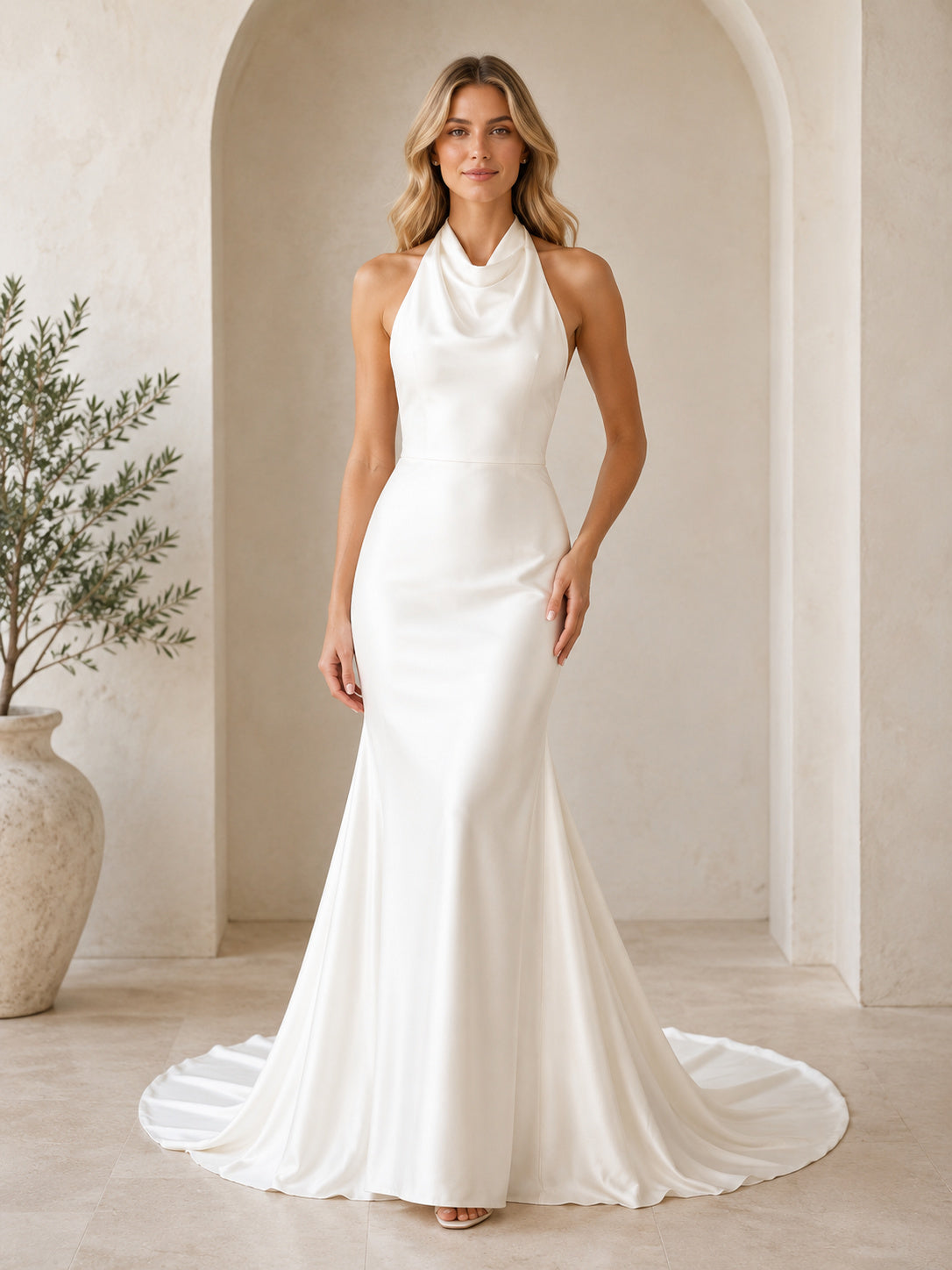 Sleek Cowl Halter Satin Wedding Mermaid Sleeveless Sweep Train Open Back front view