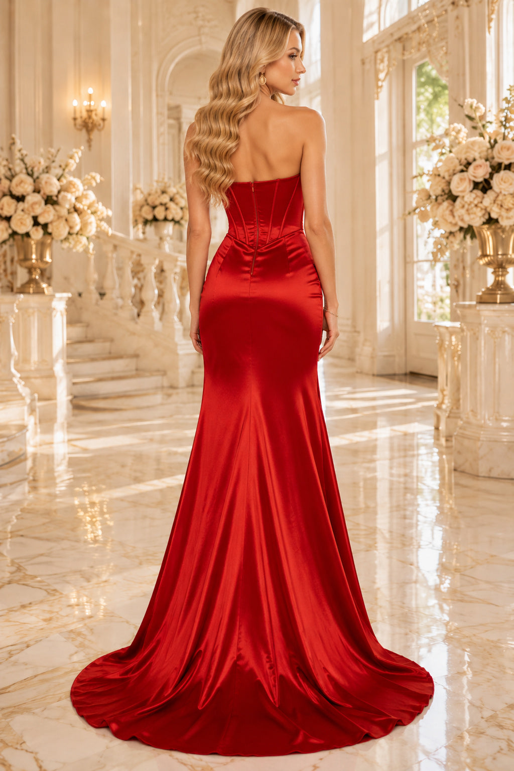 Red Strapless Satin Mermaid Prom Dress with Corset Bodice and High Slit back view