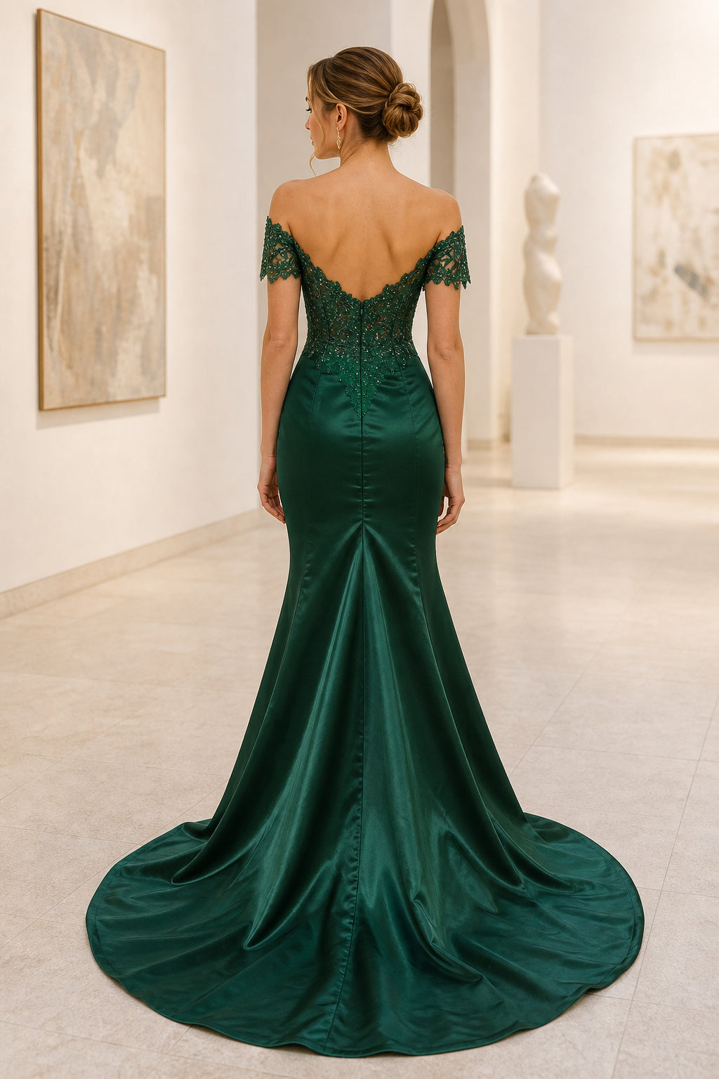 Emerald Off-the-Shoulder Mermaid Satin Floor-Length Dress With Lace Bodice