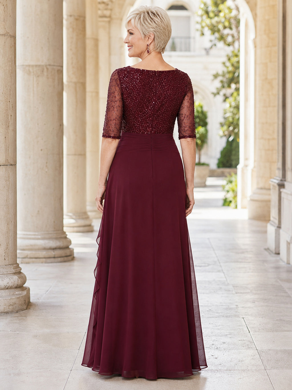 Burgundy Luxury Floor-Length A-Line Mother of the Bride Chiffon Gown with Square Neck Sequined Three-Quarter-Sleeve Bodice ba