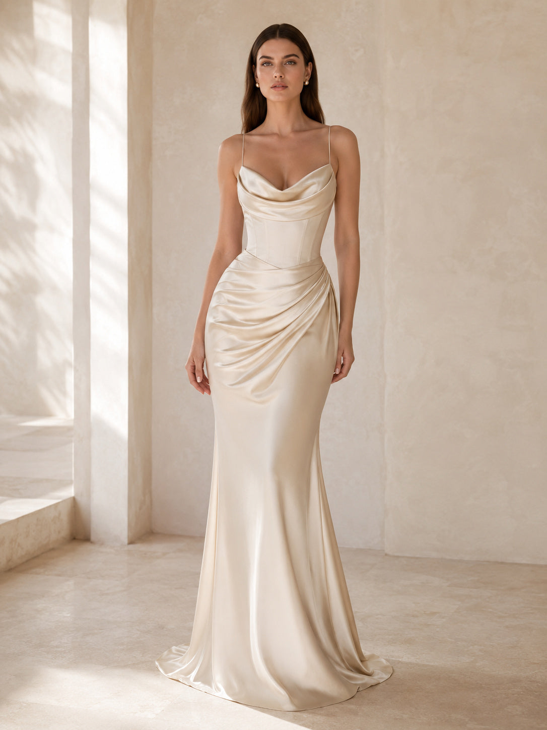 Cowl Neck Bias Satin Slim Sweep Bridal Gown front view