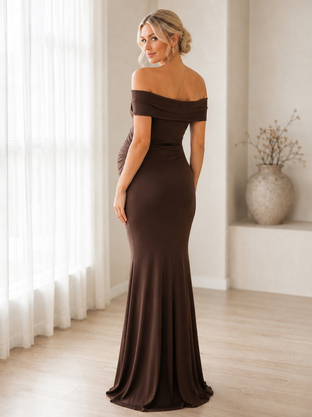 Chocolate Maternity Off Shoulder Ruched Jersey Mermaid Floor Length Minimal Formal Dress back view